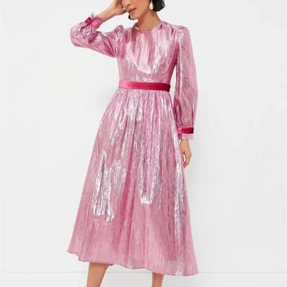 Hyacinth House Tuckernuck Pink Metallic Plisse Eloise Midi Dress Size Small